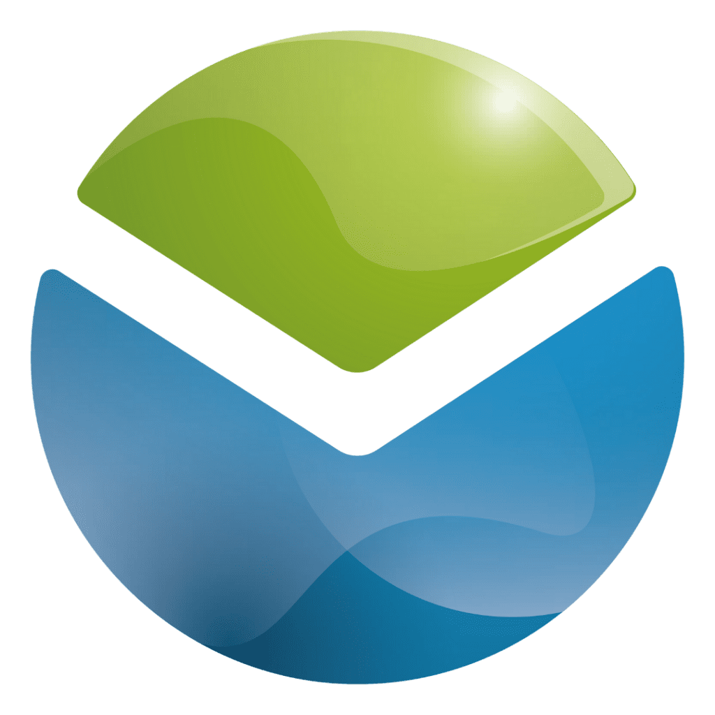 Ein grüner Halbkreis befindet sich über einem blauen Halbkreis und bildet so ein abstraktes, kreisförmiges Logo, bei dem beide Formen mit glänzenden, reflektierenden Schattierungen versehen sind.