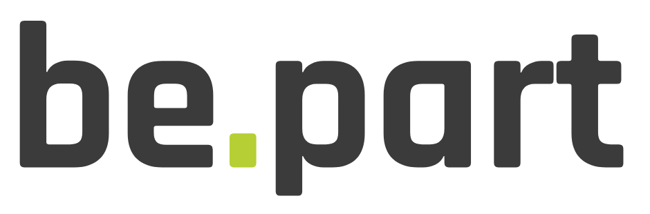 The image shows the words "be.part" in black lowercase letters, with the dot in green. The typeface is rounded and modern, the background is white.