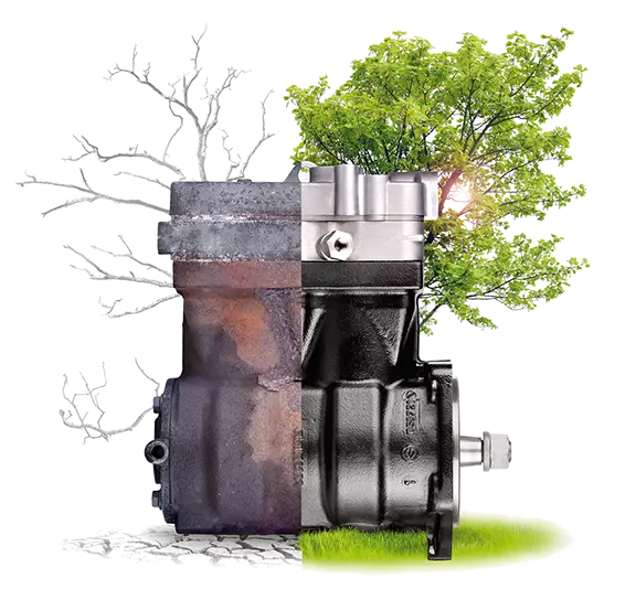 Ein industrielles Maschinenteil ist in zwei Hälften geteilt; die eine Seite ist verrostet und hat einen toten Baum im Hintergrund, die andere Seite ist sauber und hat einen grünen Baum und Gras im Hintergrund.
