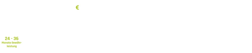 Ein hervorgehobener Kreis zeigt „24–36 Monate Gewährleistung“ mit fünf verblassten Symbolen und deutschen Begriffen für die Vorteile „neuer“, „erschwinglich“, „umweltfreundlich“, „Verfügbarkeit“ und „Unabhängigkeit“.
