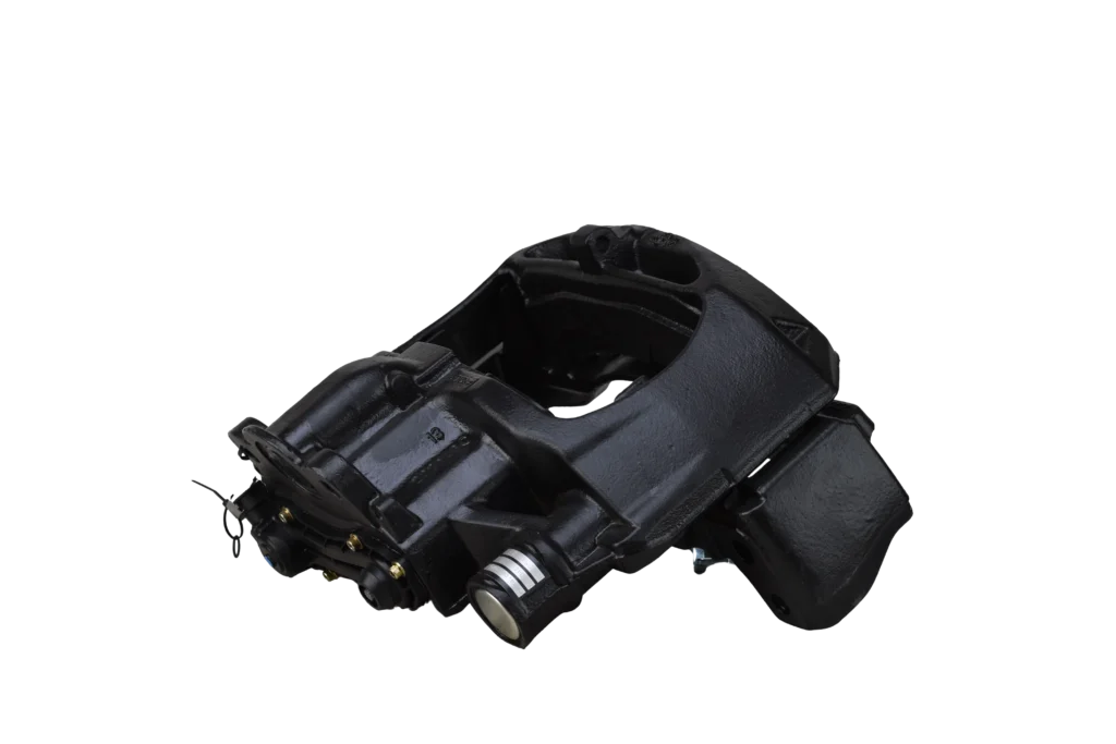 A black automotive brake caliper is shown isolated against a white background, with its mechanical components and detailed metal structure visible.