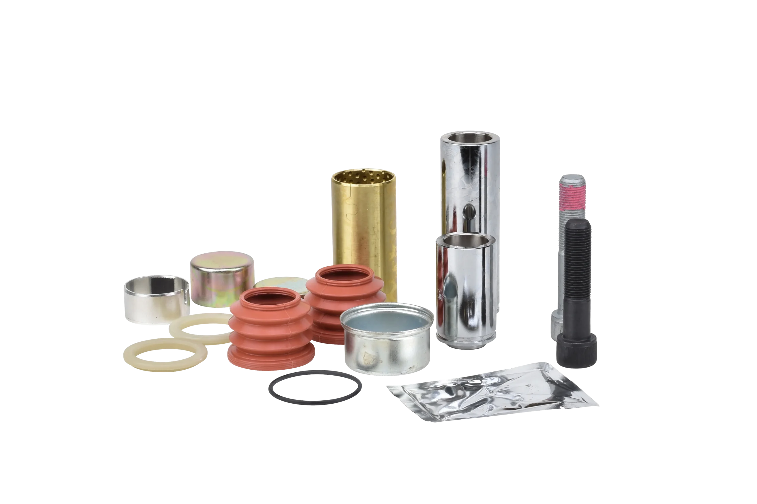 Eine Sammlung von Kfz-Bauteilen, darunter Buchsen, Dichtungen, Metallhülsen, eine Schraube, Gummimanschetten, Metallringe und ein kleines Folienpäckchen, angeordnet auf weißem Hintergrund.