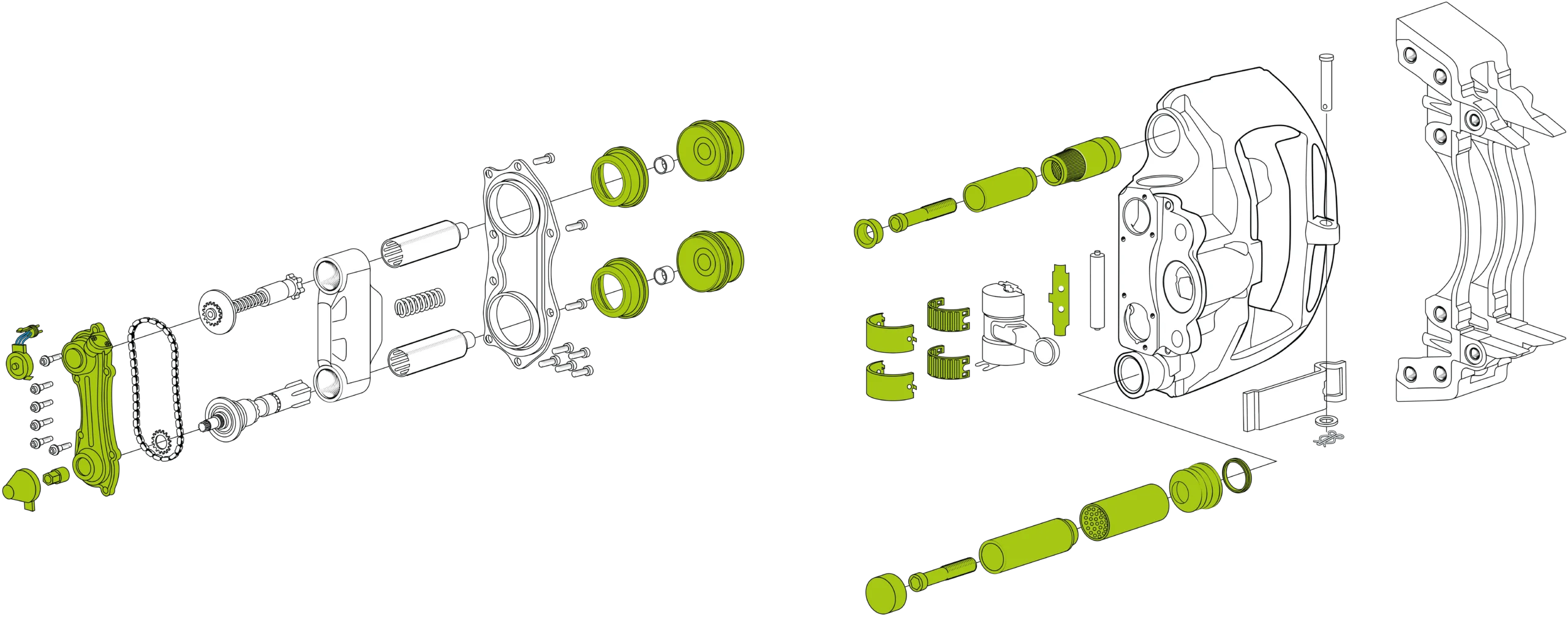 Explosionszeichnung einer mechanischen Baugruppe mit verschiedenen Bauteilen, darunter Zylinder, Schrauben und Halterungen, die grün hervorgehoben sind und zeigen, wie die Teile zusammenpassen. Zwei Hauptbaugruppen sind nebeneinander dargestellt.