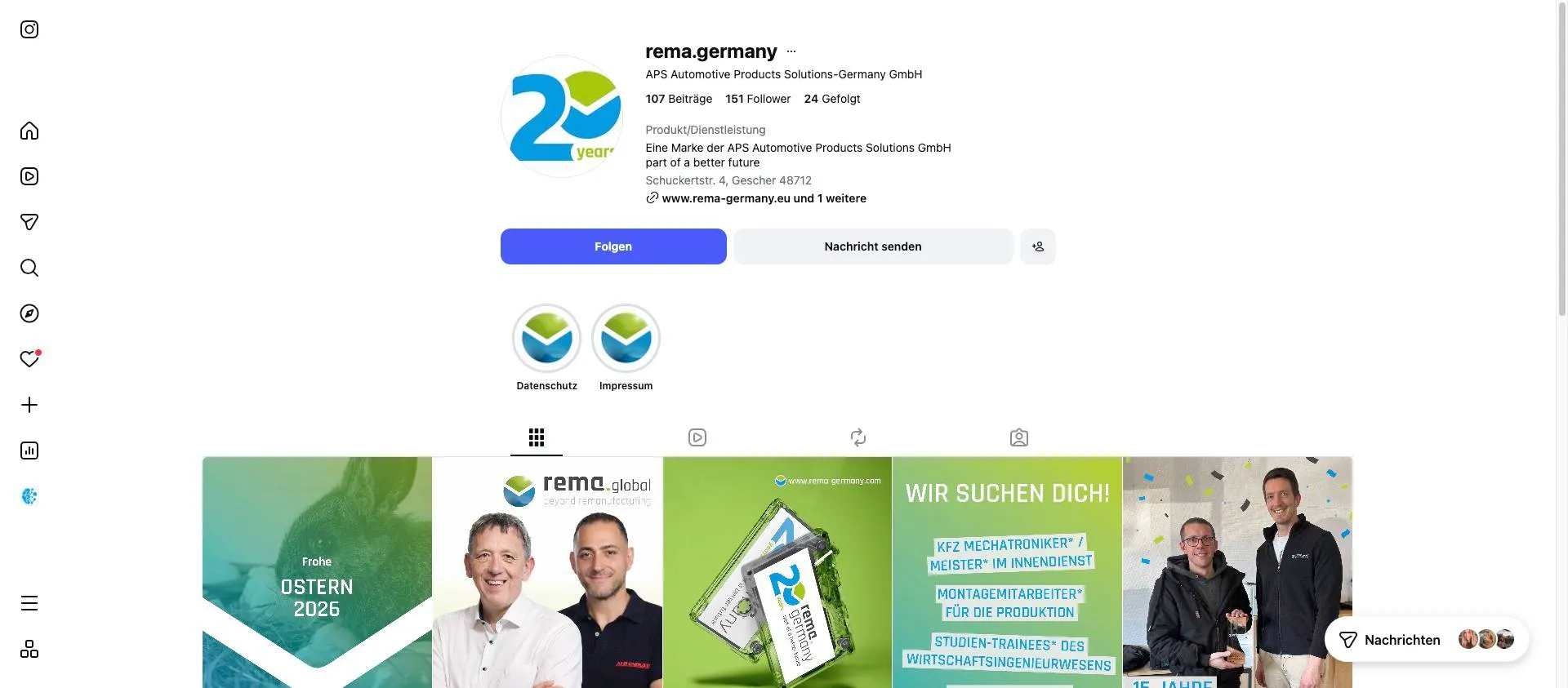 Instagram profile page of rema.germany. The green banners show two men in white and black shirts, company logos, and text in German. Profile information is displayed at the top, along with icons for the website and info links.