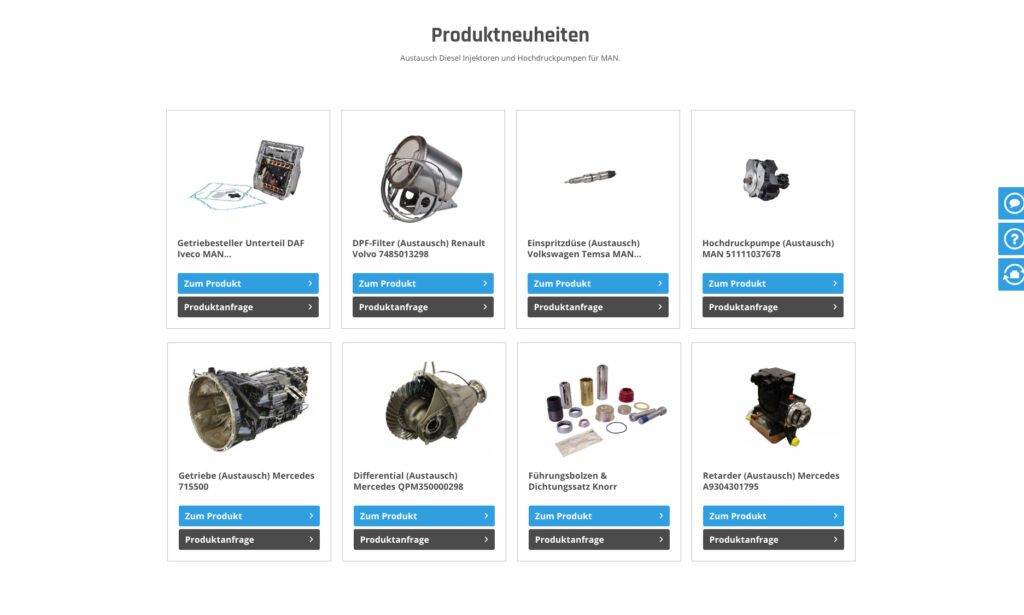 Screenshot einer Website, auf der neun zum Verkauf stehende Autoteile angezeigt werden, jeweils mit einem Foto, einer Überschrift und blauen Schaltflächen mit den Bezeichnungen „Zum Produkt“ und „Produktanfrage“.