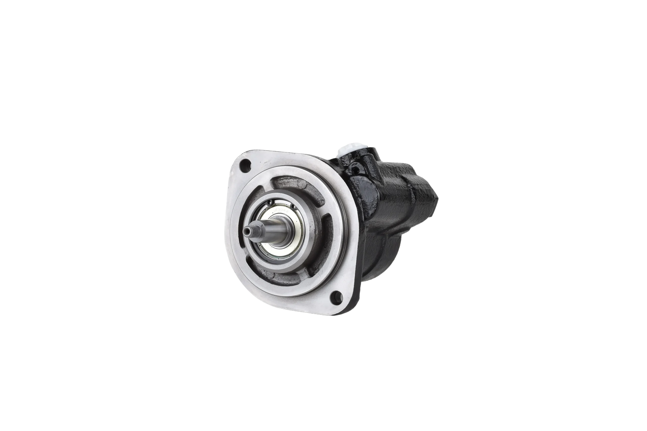 Eine Nahaufnahme eines mechanischen Bauteils, möglicherweise einer Hydraulikpumpe oder eines Hydraulikmotors, mit einer Metallbefestigungsplatte und einer zentralen Welle, isoliert vor einem weißen Hintergrund.