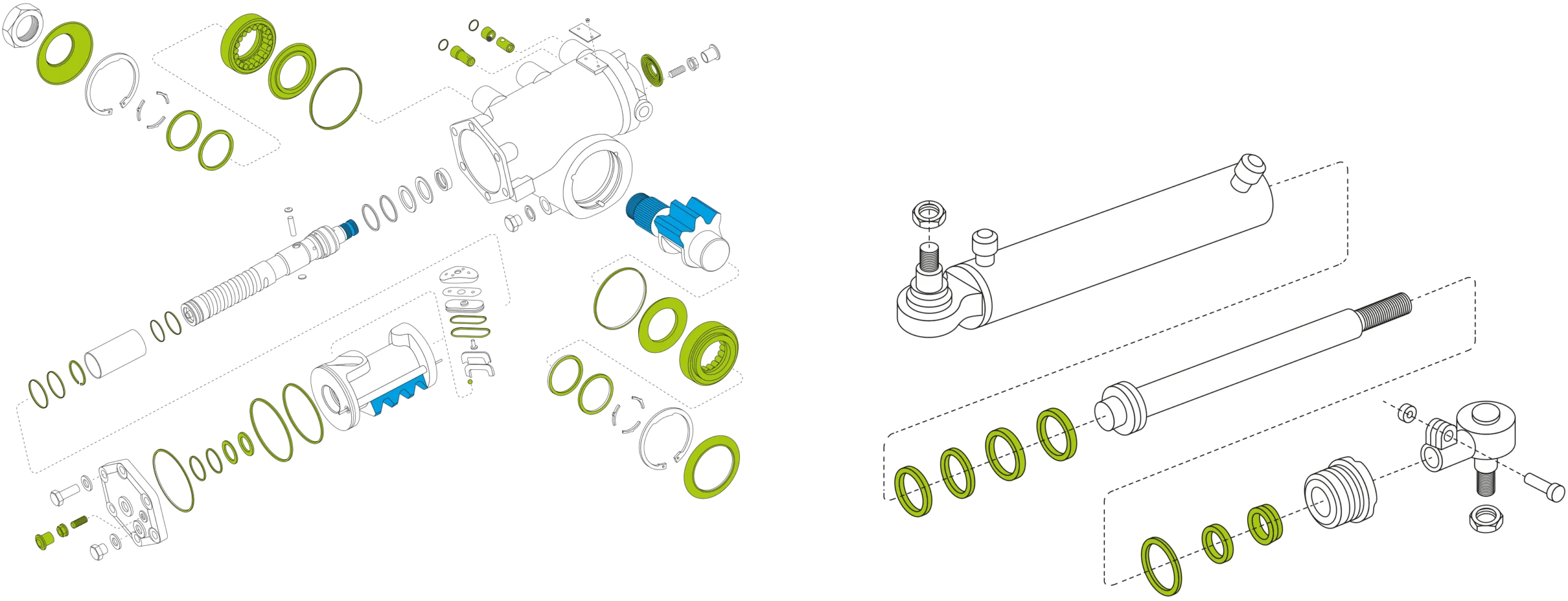 Explosionszeichnungen mechanischer Bauteile, die einzelne Teile wie Zahnräder, Stangen, Dichtungen, Ringe und Gehäusebaugruppen zeigen, wobei einige Teile grün hervorgehoben sind.