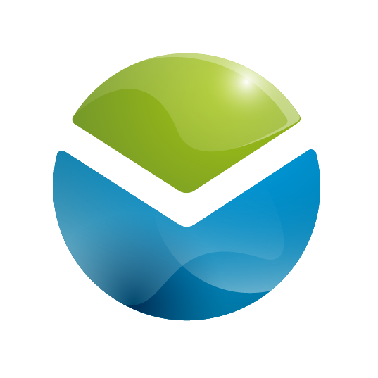 Ein kreisförmiges Logo mit einem grünen, glänzenden oberen Teil und einem blauen, glänzenden unteren Teil, die durch einen weißen, V-förmigen Spalt in der Mitte voneinander getrennt sind.
